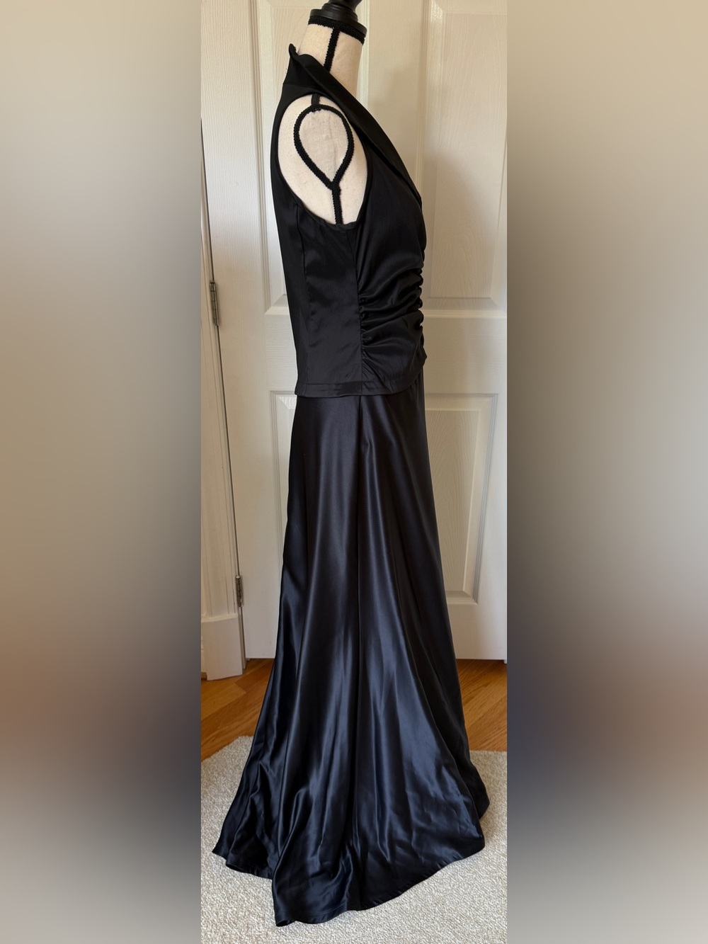 TADASHI SHOJI Black Ruched Satin Tuxedo Style Evening Gown Vintage 90s Sz 6 *EUC - Picture 4 of 11